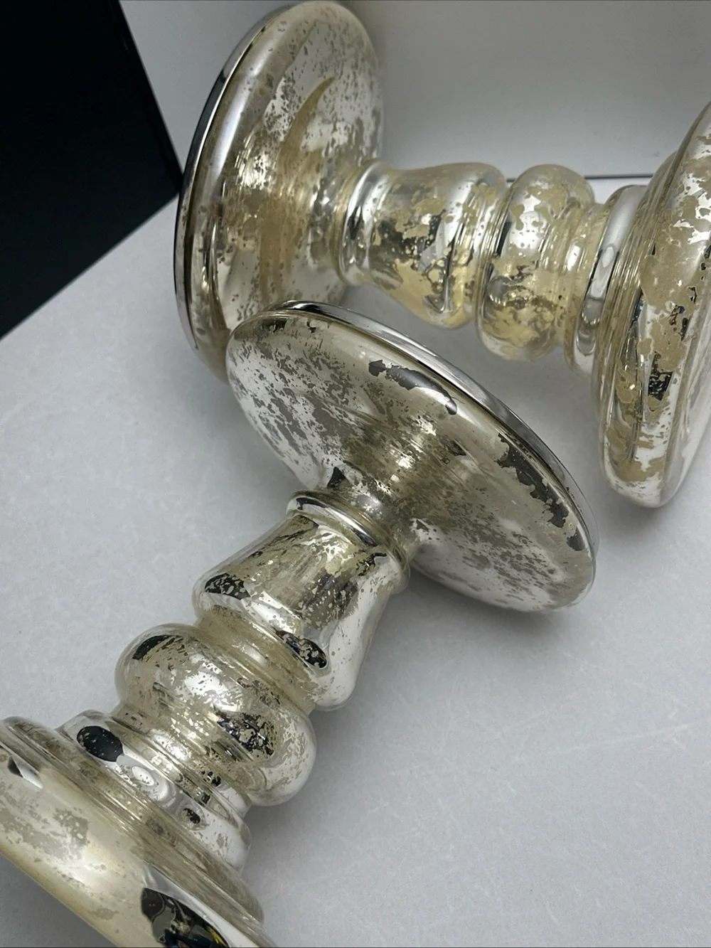 Pottery Barn Antiqued Silver Glass Candle Stands - Pair